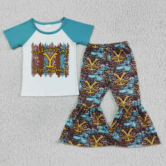 GSPO0064 Yellow stone leopard print blue short sleeve bell bottom pant girl outfit 0430