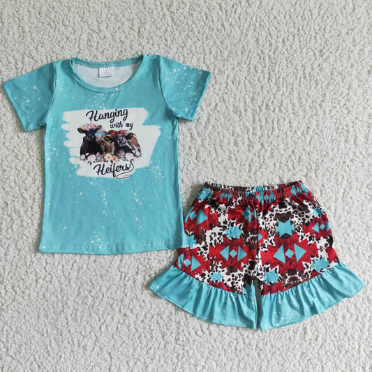 hanging with my heifei floral cow bleaching blue top leopard ruffles short pants set 0416