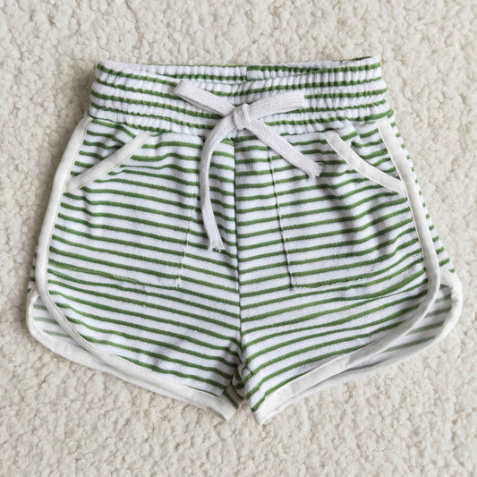 green white stripe pocket girls towel fabric sports shorts 0124