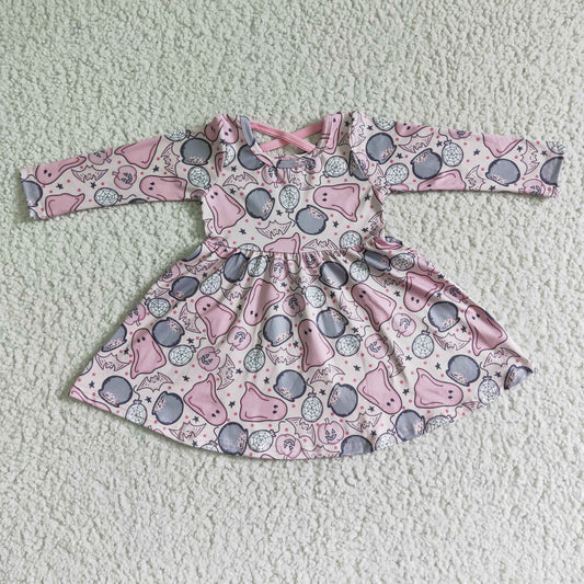 pink ghost pumpkin halloween long sleeve girl dress 0629
