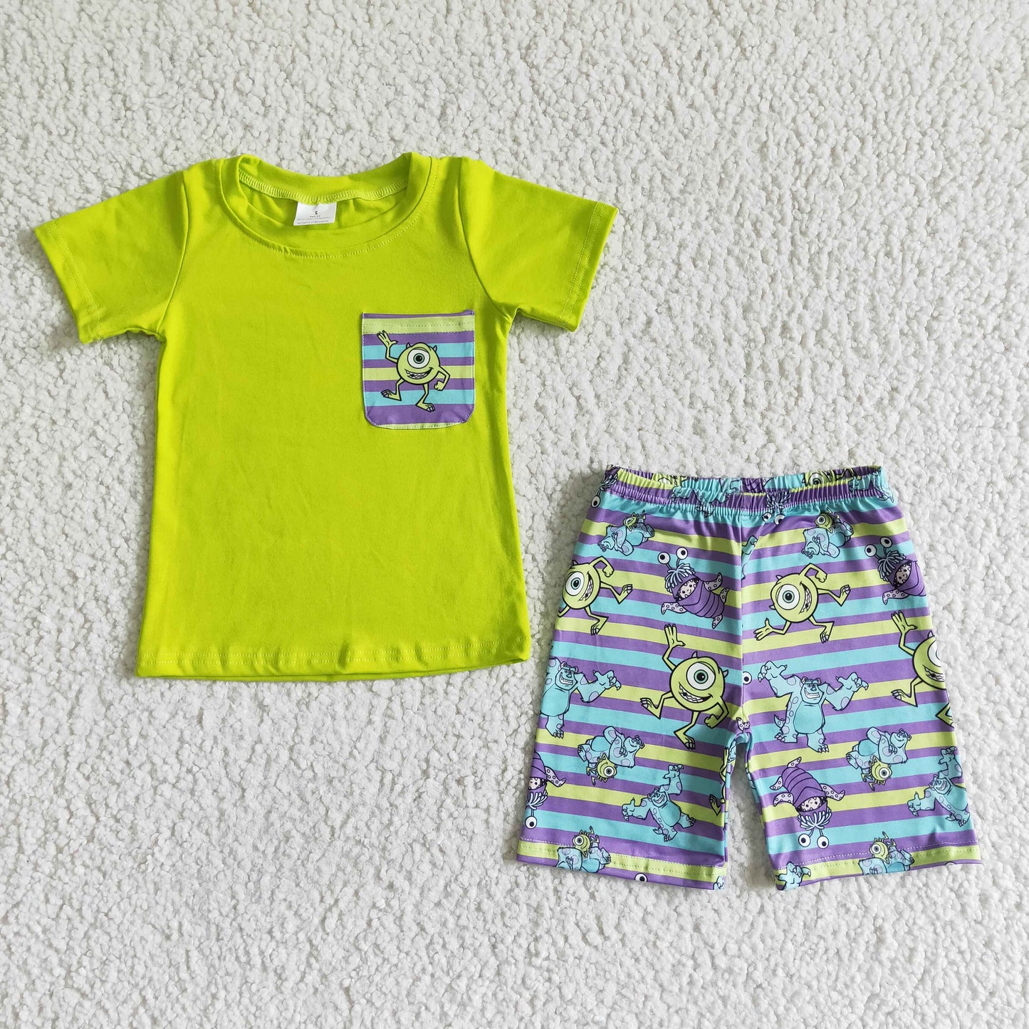 promotion BSSO0044 yellow lime big single eye print short sleeve top stripe shorts boy outfits 1221 RTS