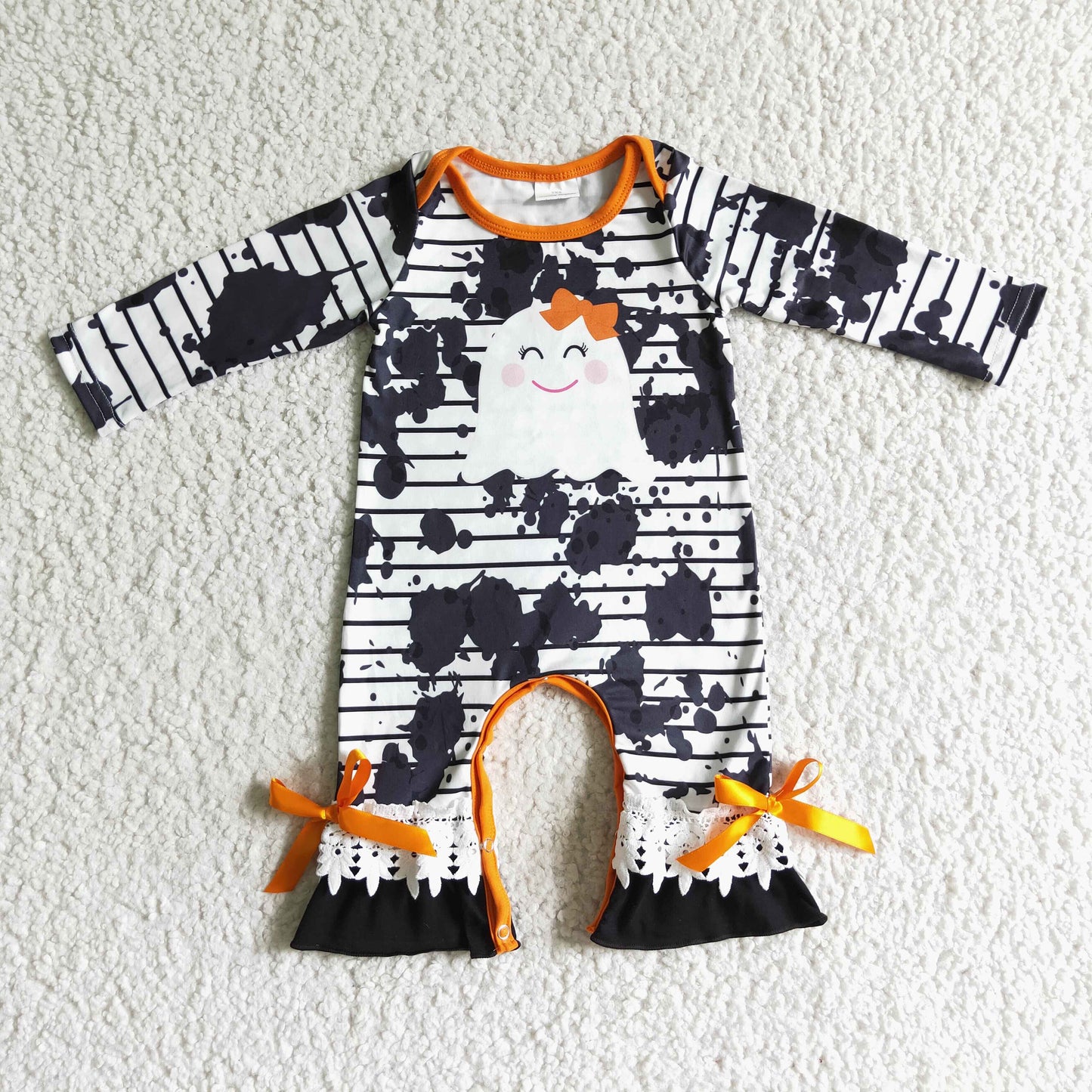 smail white head boo bow black white orange bow long sleeve girl romper 0803 RTS