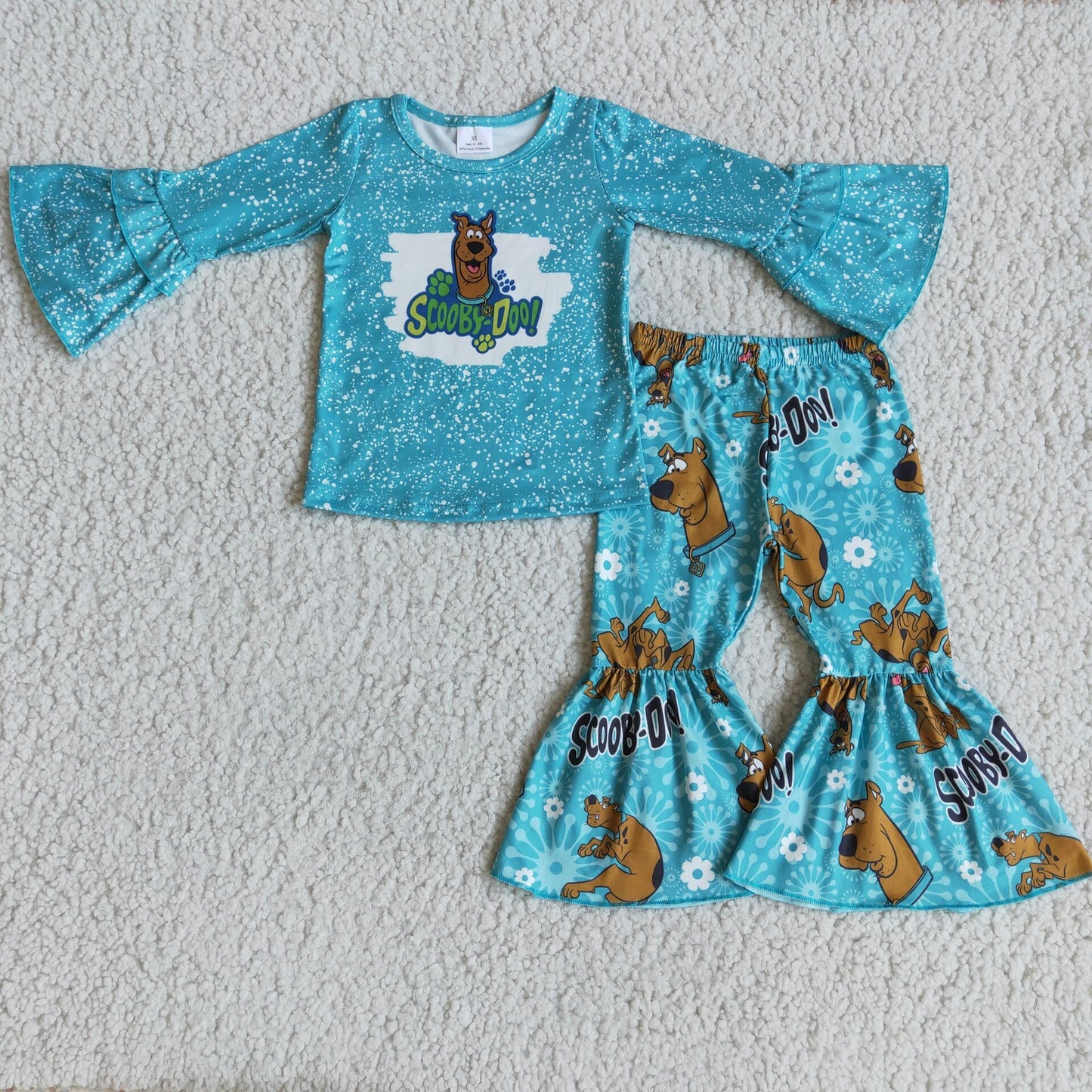 promotion RTS 6 B5-5 dot blue cartoon dog long sleeve bell bottom pant girl outfit RTS