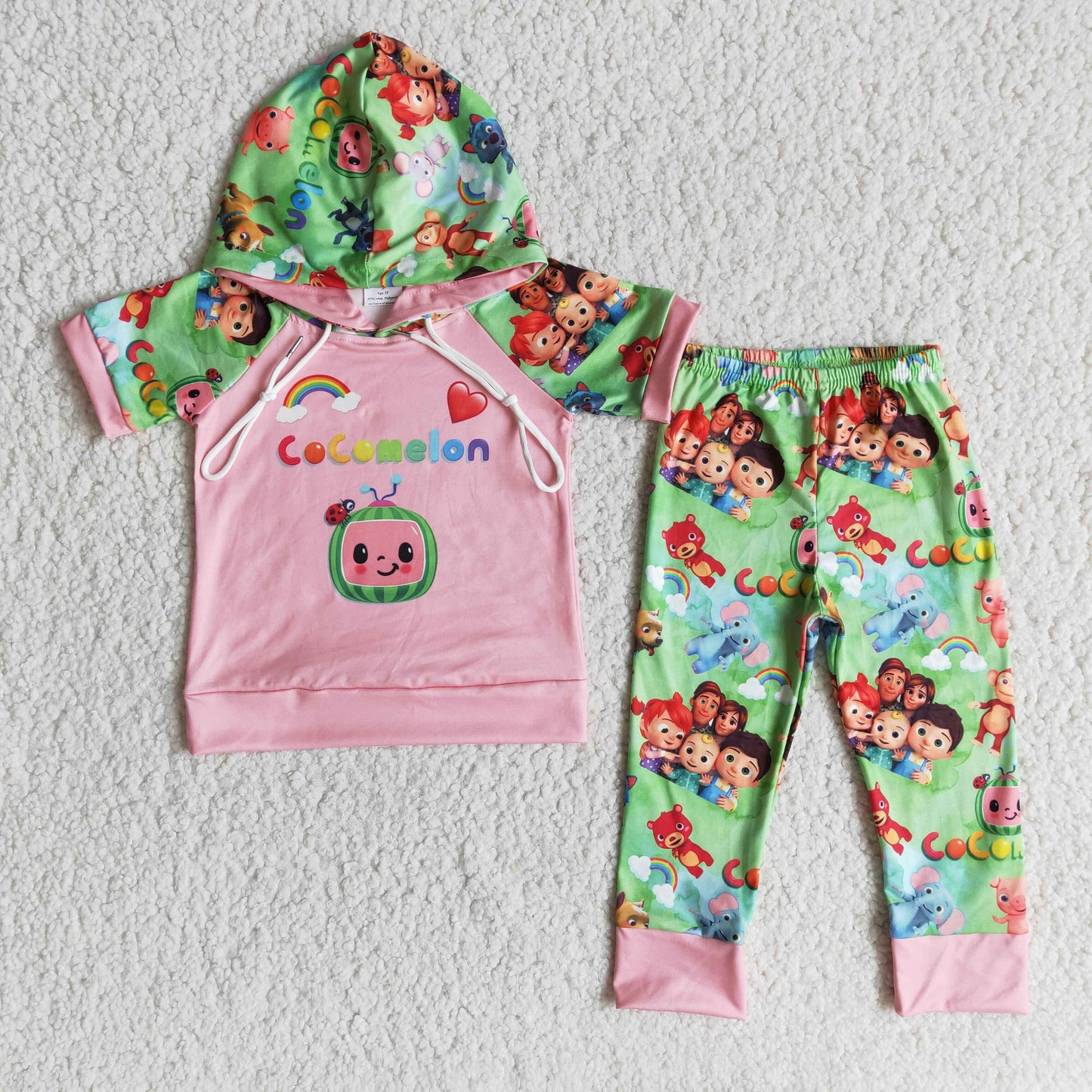promotion RTS E11-26 valentine rainbow cartoon watermelon monkey mouse pig green pink short sleeve hoodie outfit Jan 0105