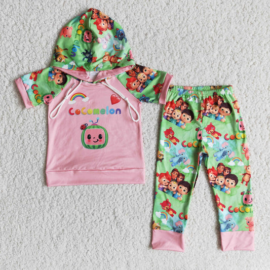 promotion RTS E11-26 valentine rainbow cartoon watermelon monkey mouse pig green pink short sleeve hoodie outfit Jan 0105
