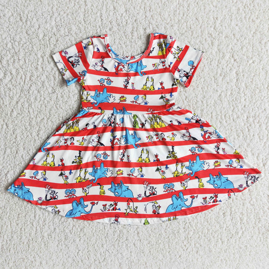 Promotion B1-11 RTS Doctor reading cartoon cat elephant red stripe white short sleeve girl dress