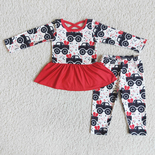 valentine red lace cartoon truck girl long sleeve legging pant outfit