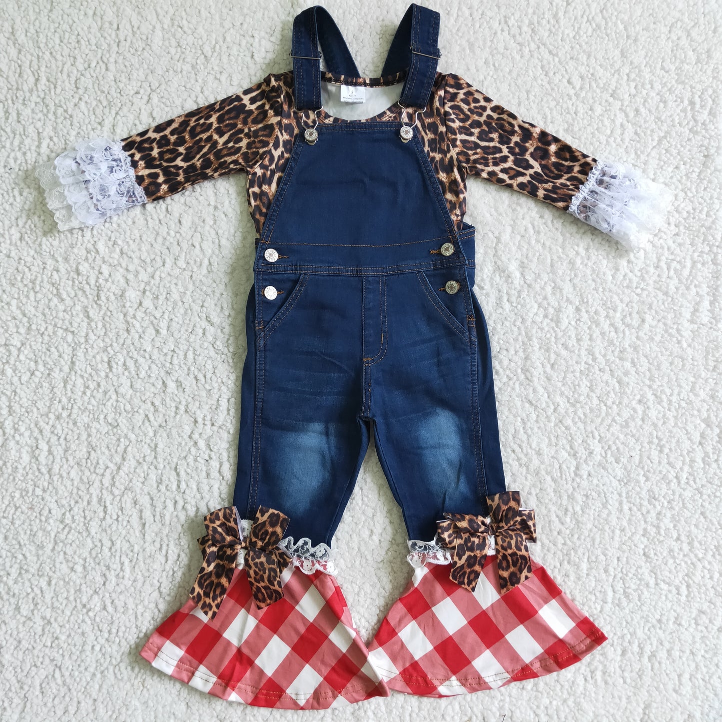 GLP0235 suspender overall  long sleeve leopard shirt girl OUTFIT 0824 RTS