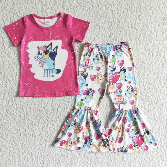 cartoon Blue dog pink girl short sleeve bell bottom pant outfit 1009