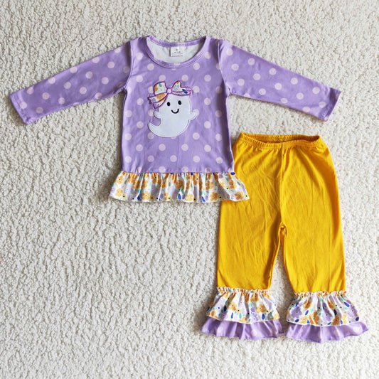 purple dots boo bow cartoon long sleeve girl outfit 0917 RTS