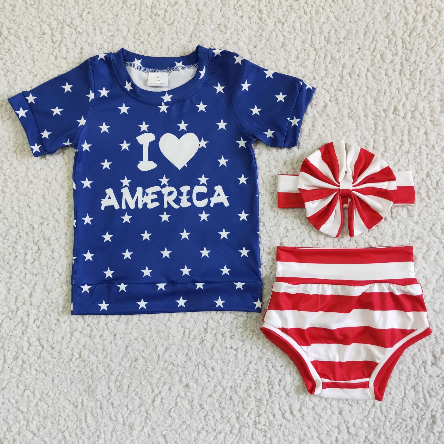 GBO0039 RTS (choose headband below )I love America letters stars red white stripes summer girl bummie set headband 3pcs outfits 0525