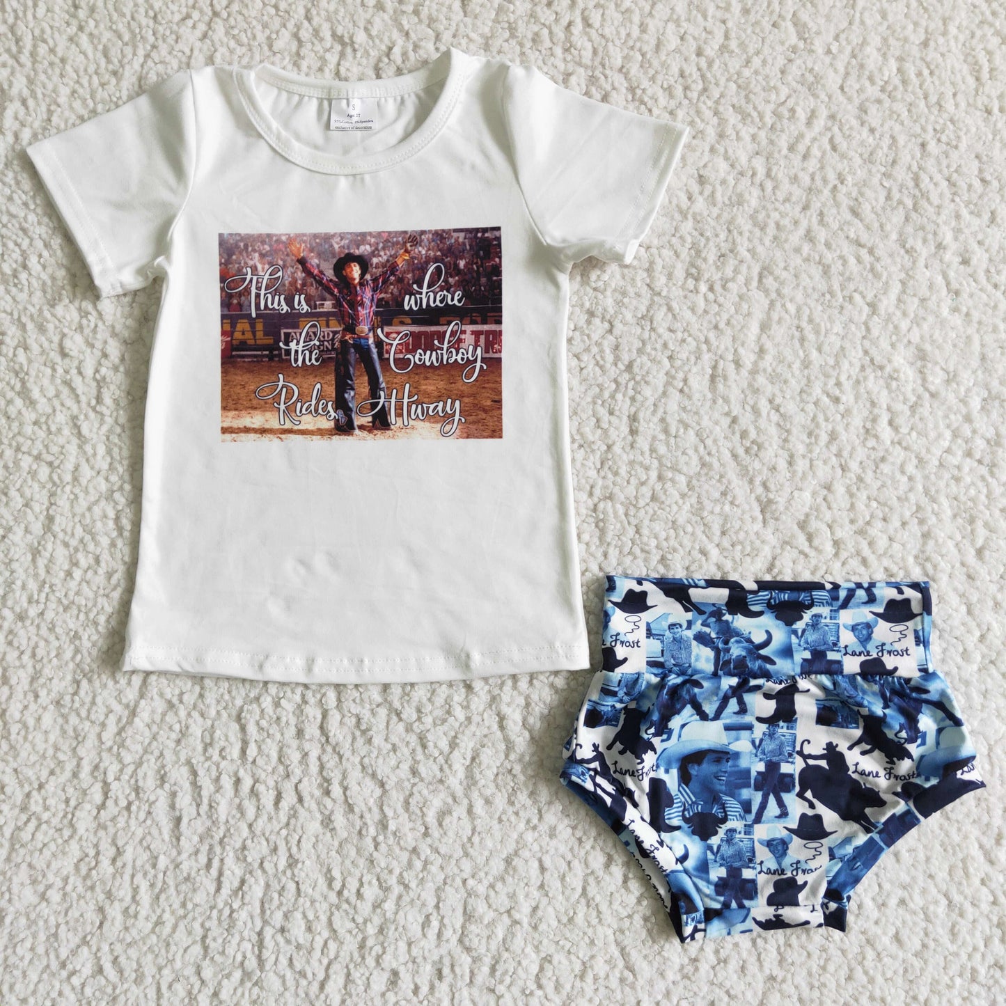 promotion C4-8 this is where the cowboy rides away music white blue short sleeve bummie set 202404
