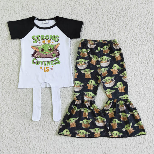 RTS green top short sleeve bell bottom girl outfit 0803