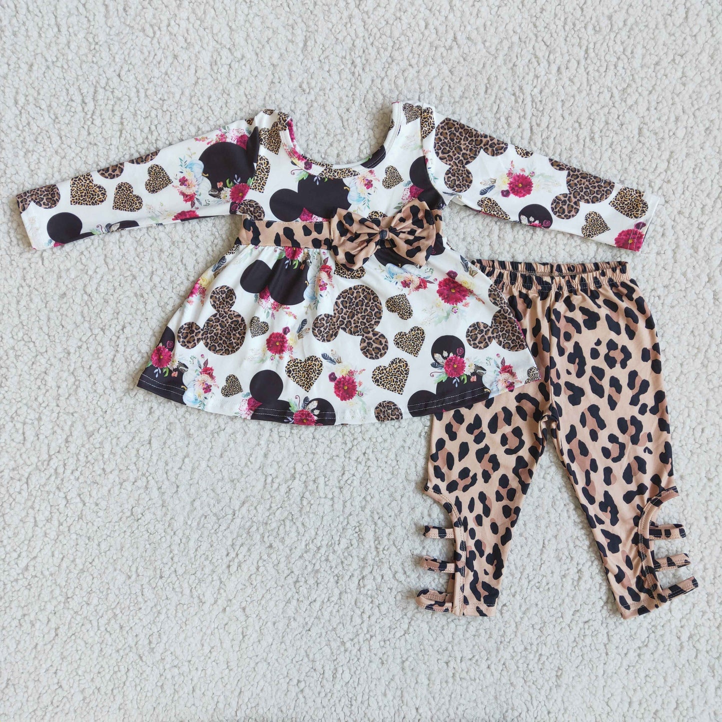 valentine girl cartoon mouse love tunic leopard print bow long sleeve legging pant outfit