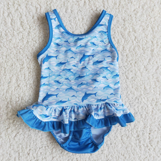 Blue sea ocean ruffles overall cartoon whale blue girl swimwear Jan 0115