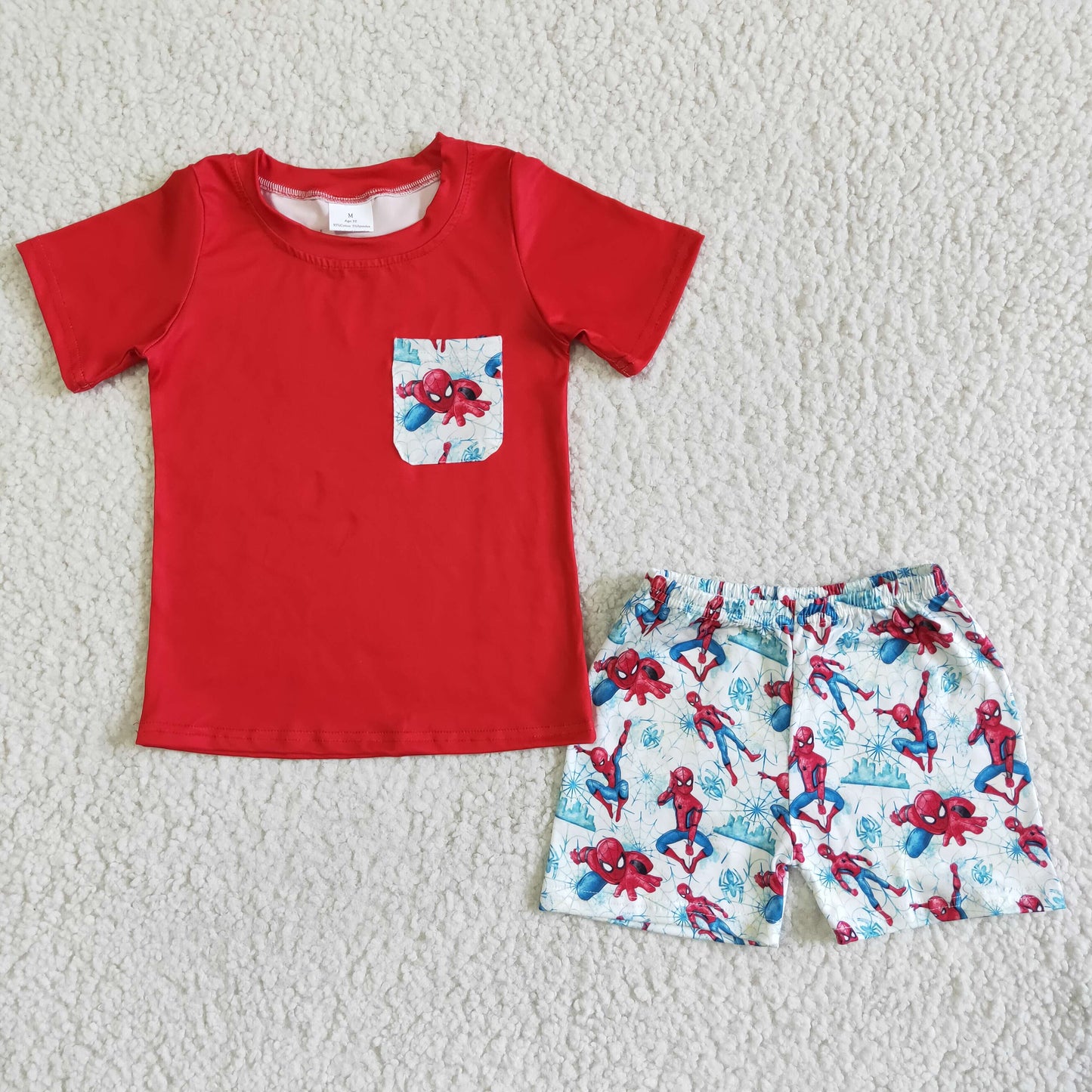 BSSO0009 cartoon pocket red Spider man short sleeve shorts boy outfits 20230316 RTS