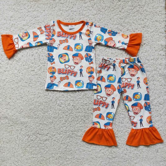 promotion 6 C11-2 Girls orange cartoon long sleeve top lace pants pajamas outfit RTS 202501