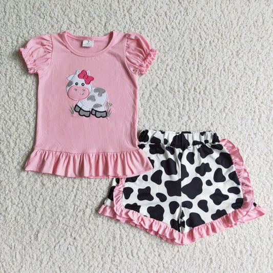 GSSO0105 pink bow short sleeve ruffle cow shorts girl outfit summer clothes 20230426 RTS