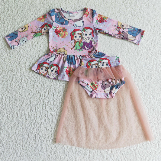 Promotion GLD0093 Christmas girl cartoon print long sleeve Tulle gauze bummie outfit 0819 RTS