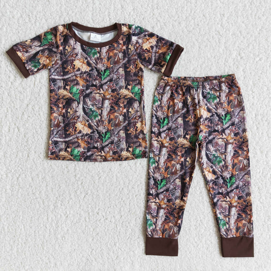 camo branch leaves brown boy short sleeve pajamas outfits