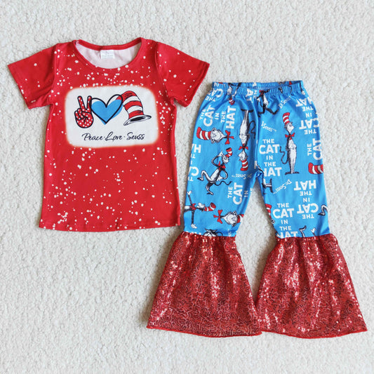 cartoon cat and hat letters red blue gray girl sequins short sleeve reading girl outfit Jan 0112
