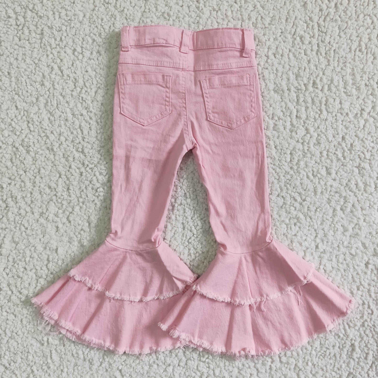 P0005 RTS pink bleached double ruffles button jeans denim pants 0622