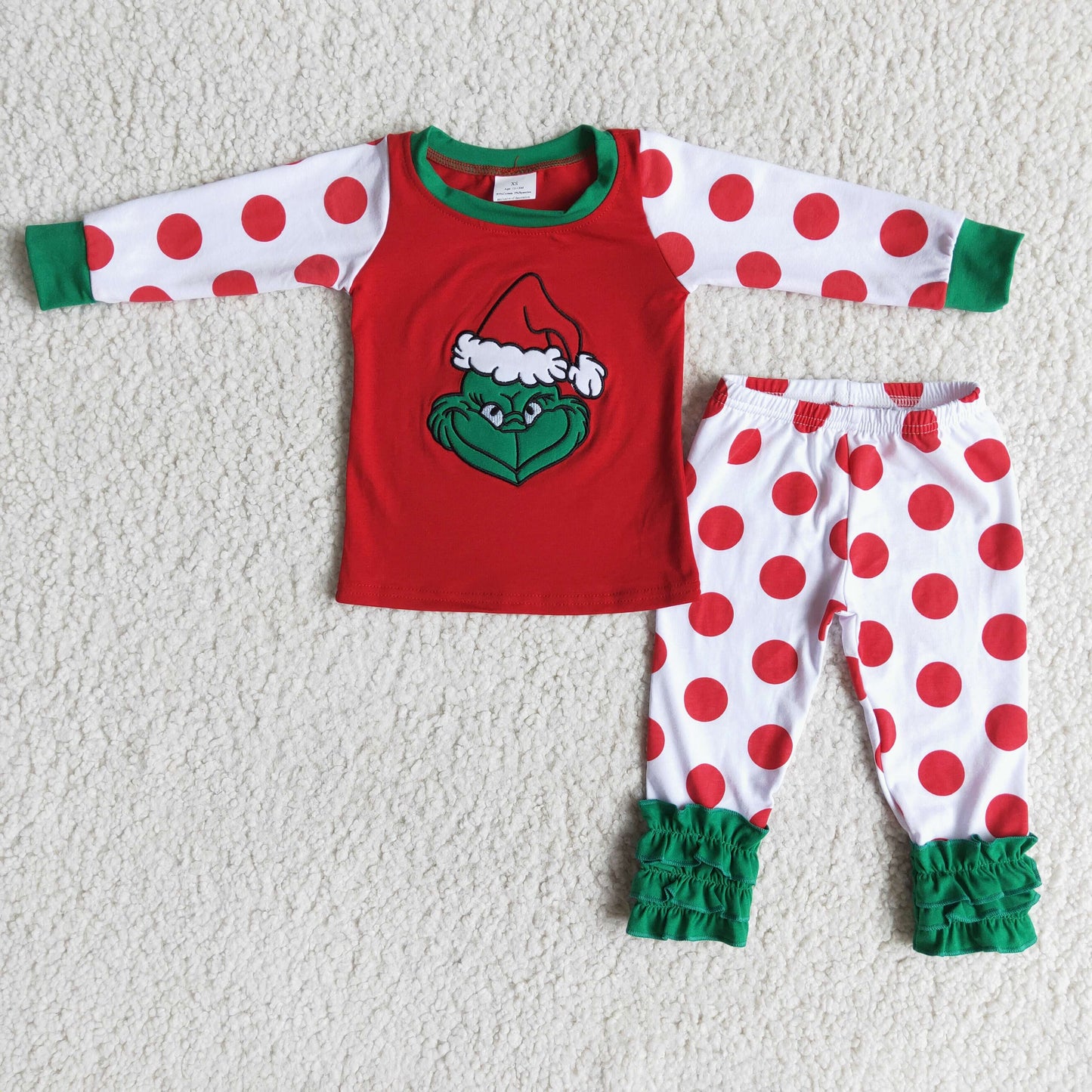Christmas girl white red dot embroidery green cartoon ruffles long sleeve pajamas outfits