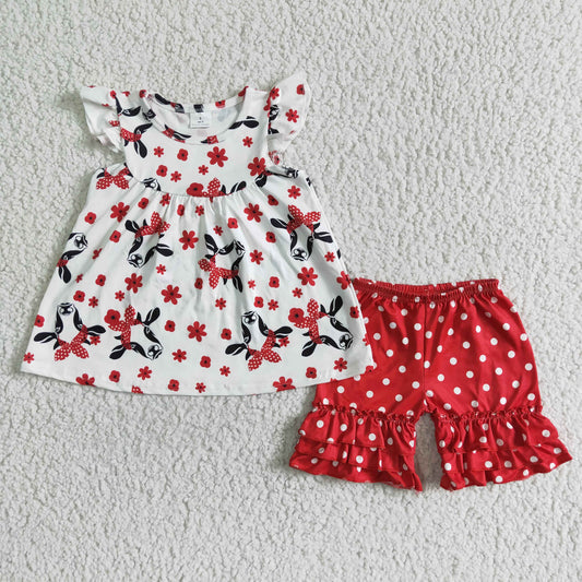 promotion RTS Cow flower puffy red Polka Dots ruffles girl short sleeve shorts outfits 0510