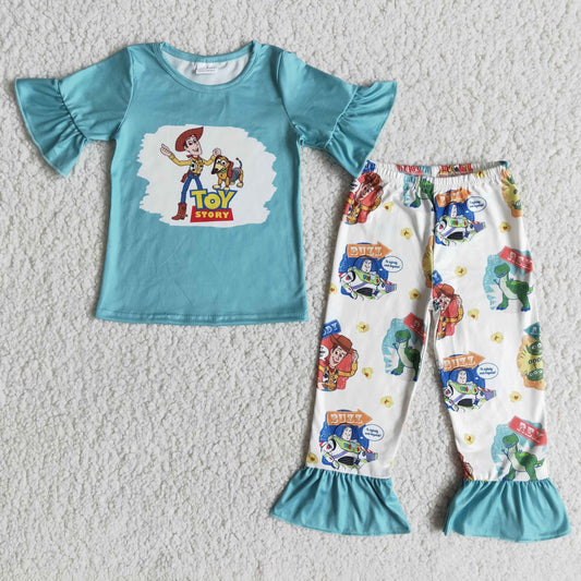 promotion cartoon blue short sleeve legging pant girl outfit