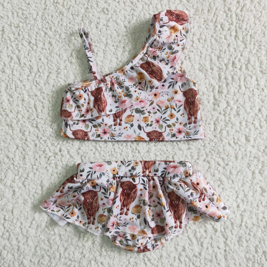 S0017 pink floral cow print girl swimwear 0417 RTS