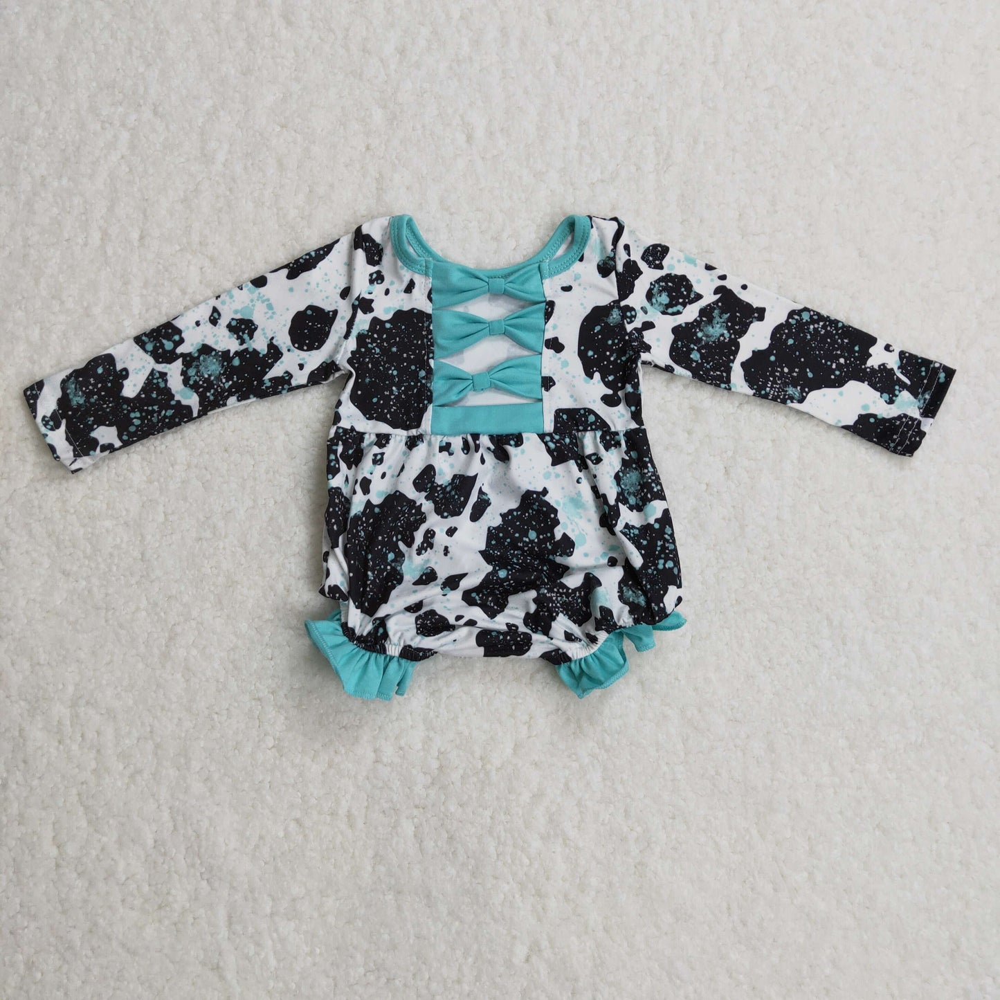 LR0197 RTS cow long sleeve girl bubble romper bow 1117