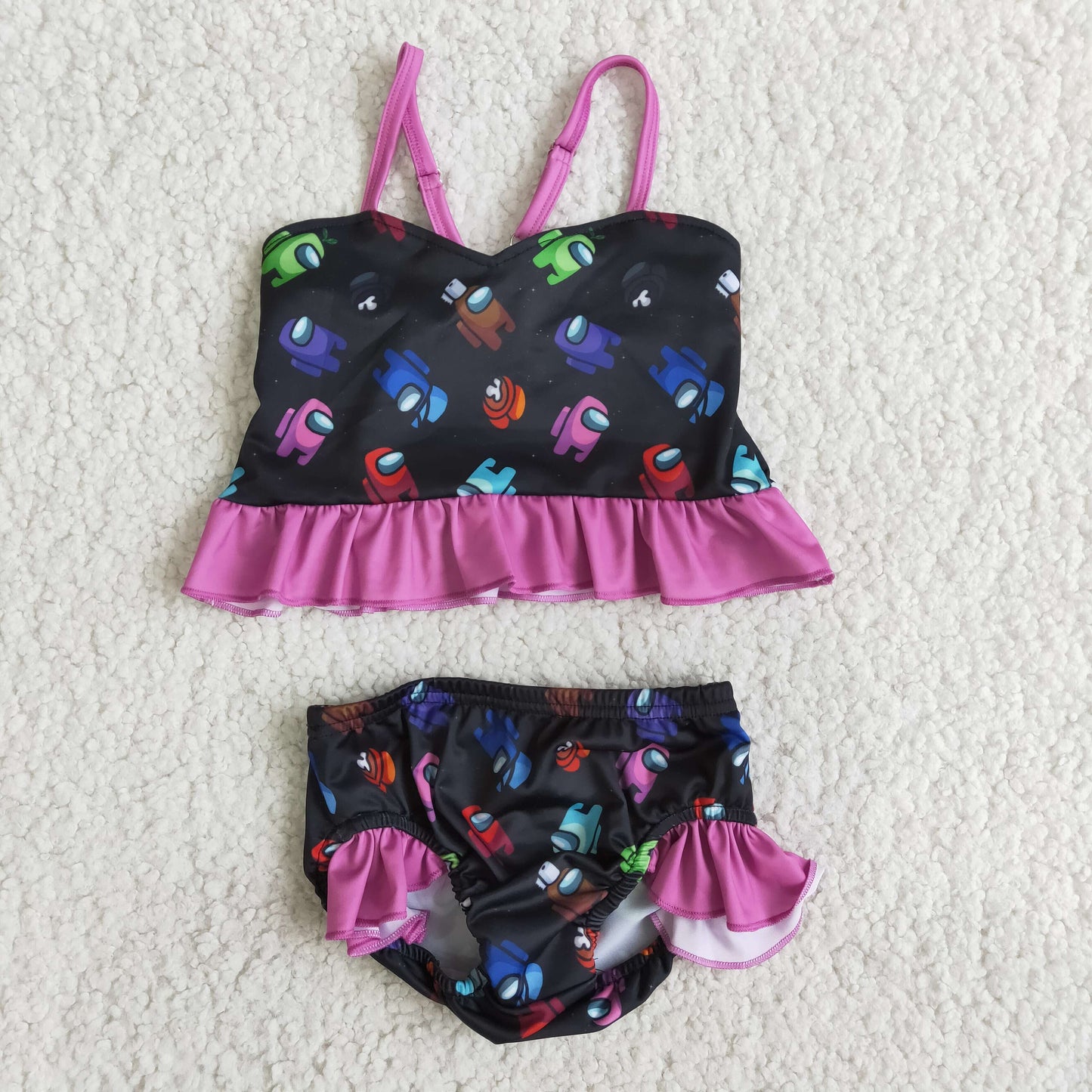 Shoulder strap black cartoon girl swimwear