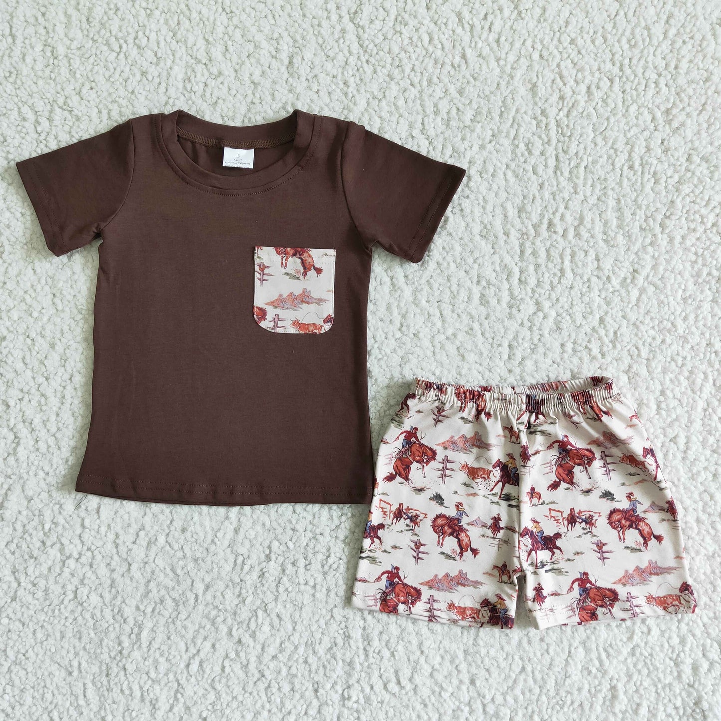 brown horse print short sleeve shorts boy outfits 0410