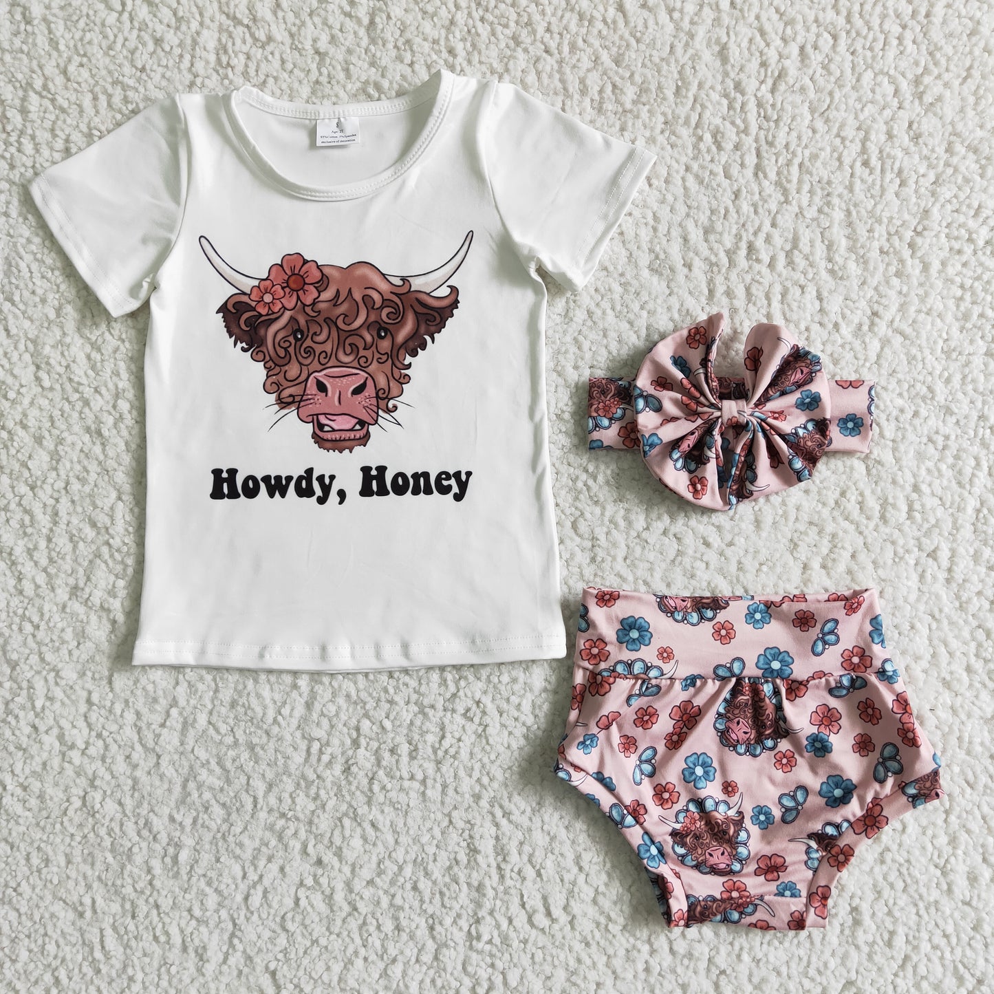 promotion 3pcs(choose headband below) howdy honey letters pink floral cow summer girl bummie set headband outfits 20230228 RTS