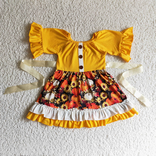 Promotion RTS GSD0144 long sleeve PUMPKIN SUNFLOWER BELT girl dress HALLOWEEN 0920