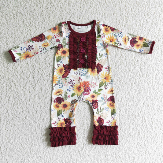 LR0009 yellow sunflower long sleeves ruffle girl romper real pics 0618 RTS
