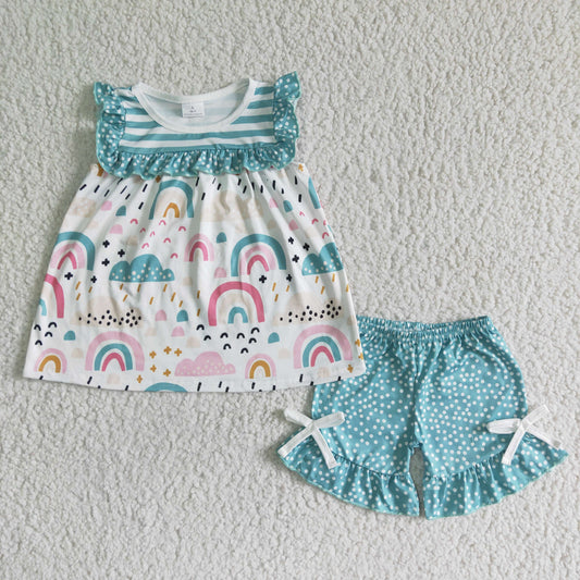 promotion green rainbow heart print stripe white dots green shorts top short sleeve shorts girl outfits 202405