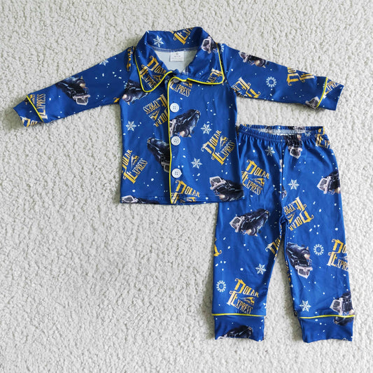 6 A11-19 RTS  cartoon blue button collar long sleeve boy pajamas outfit 0802
