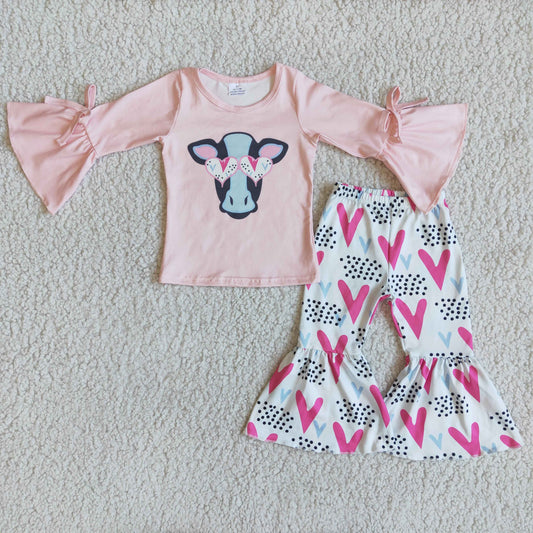 promotion valentine pink cow love girl long sleeve bell bottom pant outfit 0611 rts