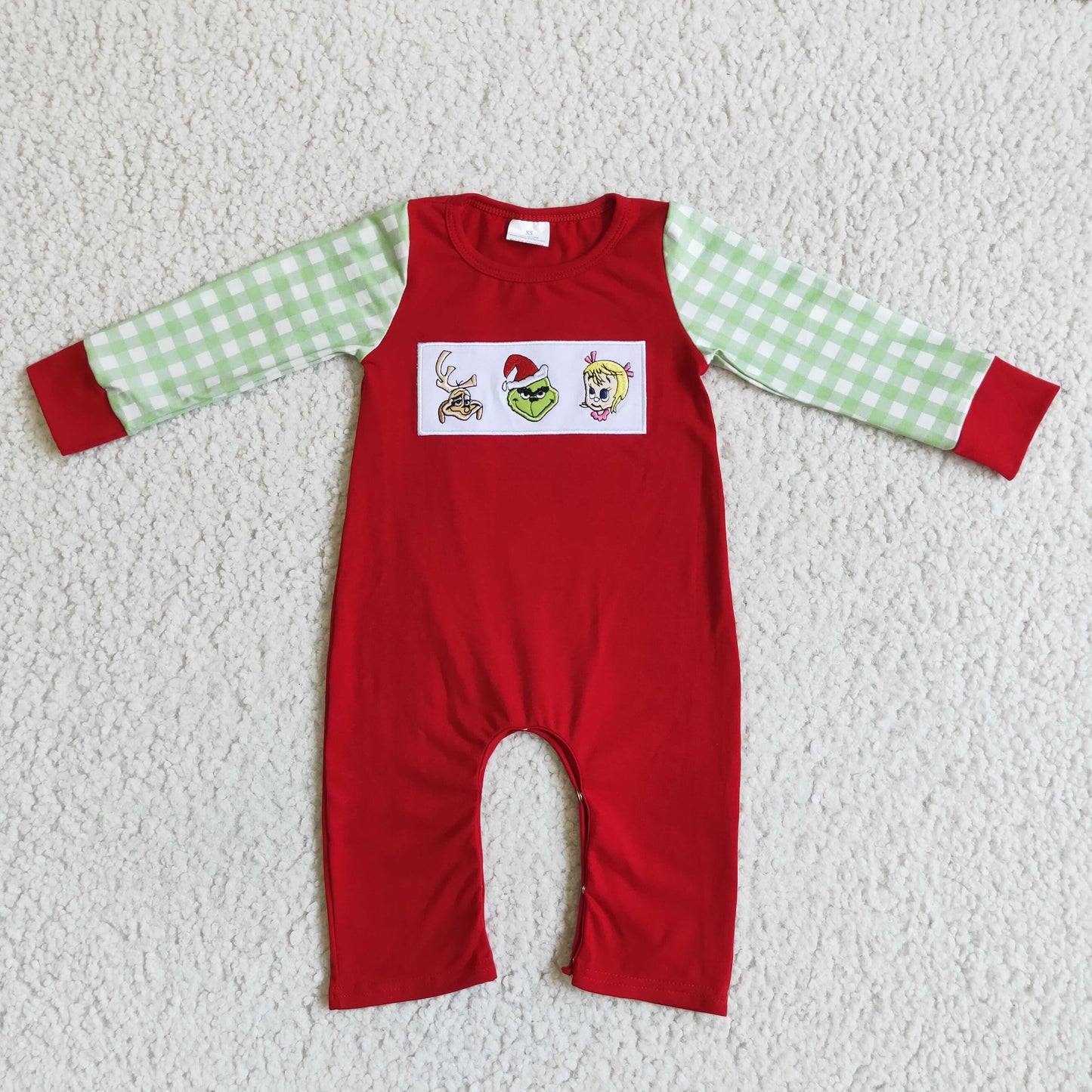 Embroidery Christmas green plaid cartoon character print long sleeve red girl romper 0708