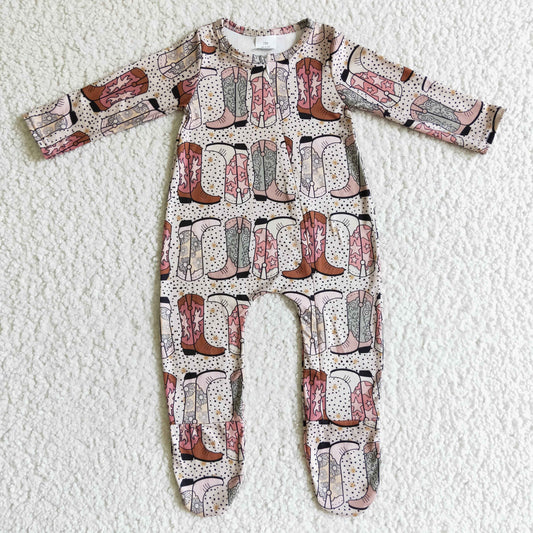 western boots long sleeve zipper baby boy girl romper 0829 RTS