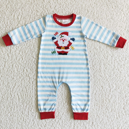 1005 RTS blue stripe Christmas Santa long sleeve embroidered boy romper