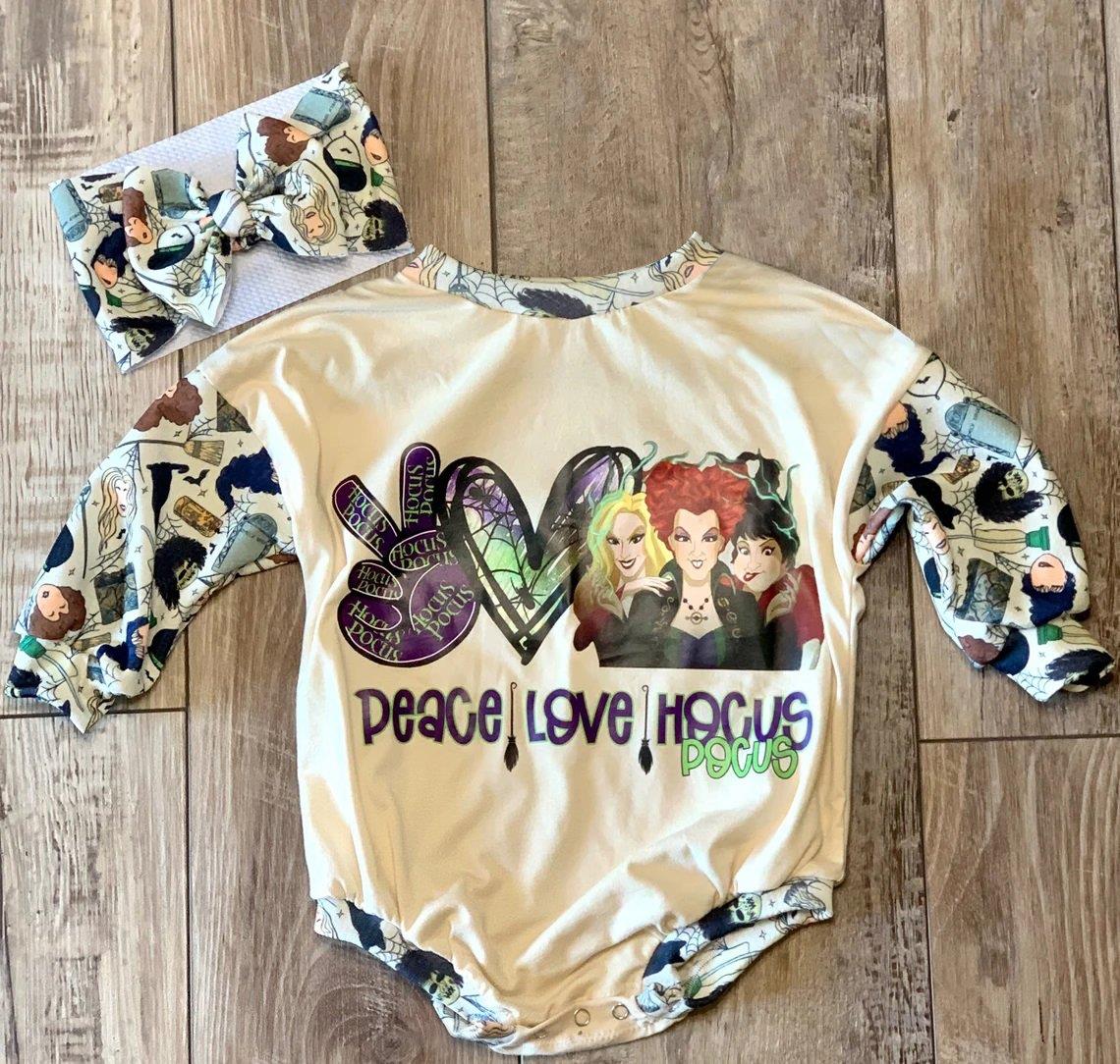 Preorder (headband pls choose below ) halloween pumpkin peace love three women long sleeve baby girl boy bubble romper 0728