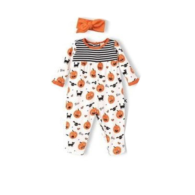 preorder (bow headband choose below) halloween pumpkin bat grey pumpkin long sleeve girl romper 0803