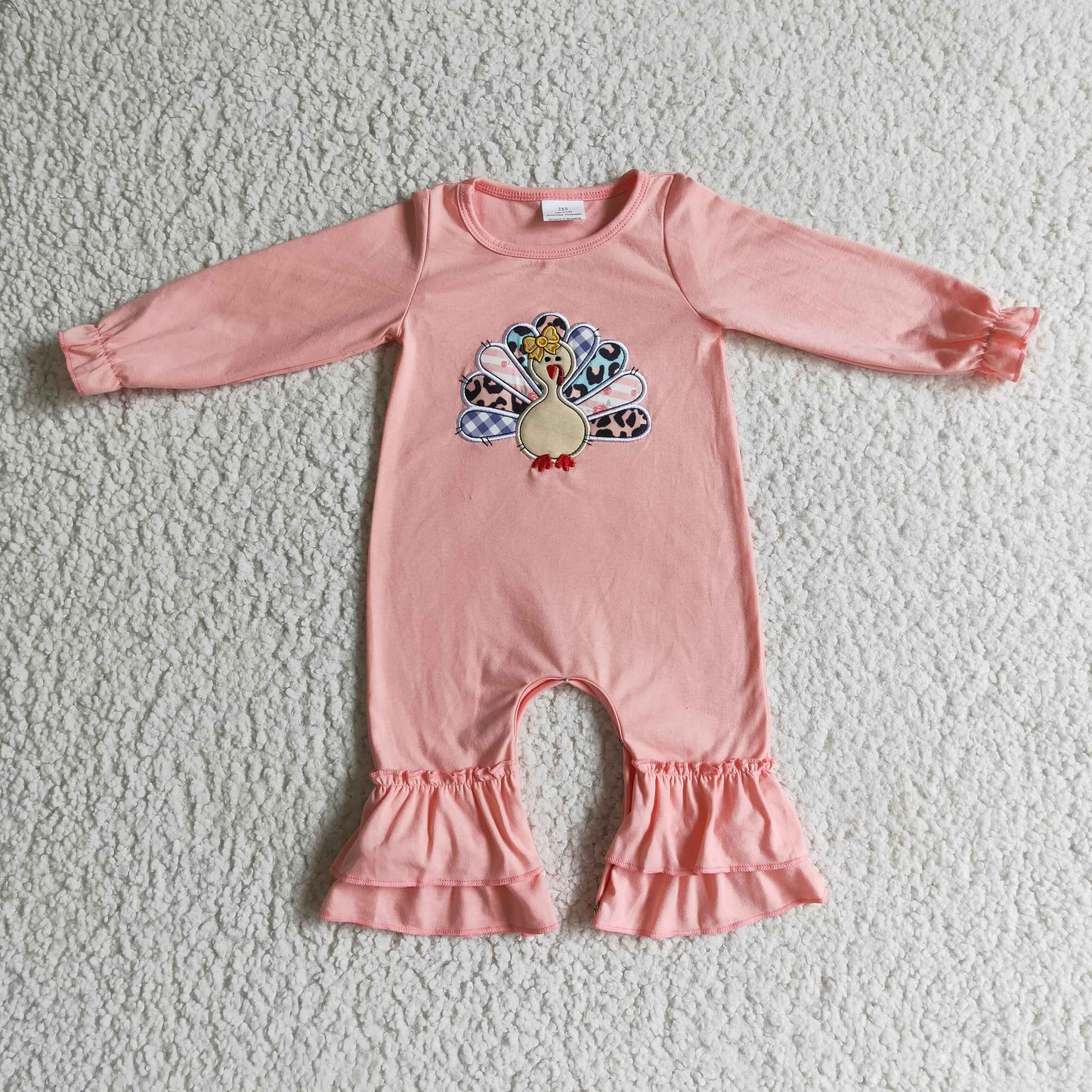 1006 RTS embroidered pink turkey long sleeve leopard girl romper thanksgiving