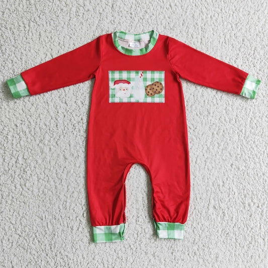 LR0189 Christmas Santa cookies long sleeve green plaid boy romper 1105 RTS