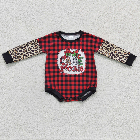 LR0214 RTS girl red plaid christmas cane bubble romper 1118