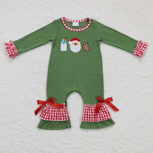 LR0233 embroidery  christmas Santa milk cookie green long sleeve girl romper 1124 RTS