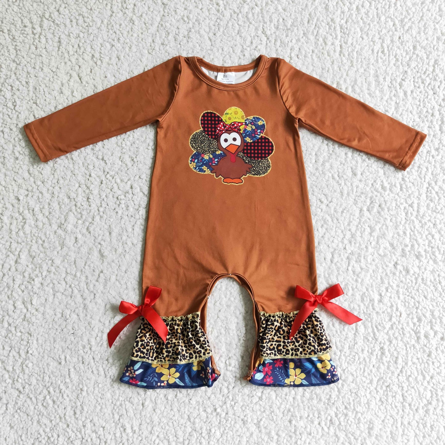 LR0171 thanksgivig day long sleeve girl romper brown turkey leopard print 1031