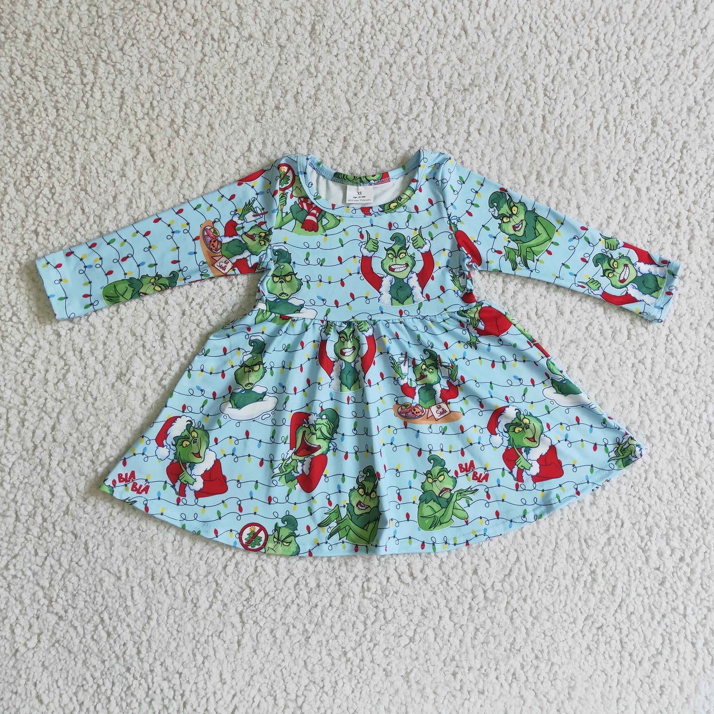 christmas girl long sleeve dress cartoon green blue 1014 rts